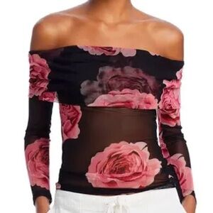 Aqua Off-Shoulder Top with Pink Rose Print